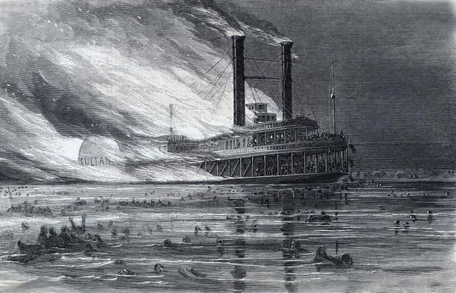 The river steamer "Sultana" burning on the Mississippi River, April 27, 1865, artist's impression, zoomable image