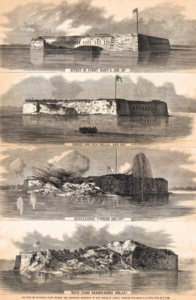 Destruction of Fort Sumter under Union naval and land-based artillery, August 16-25, 1863, artist's impression, zoomable image