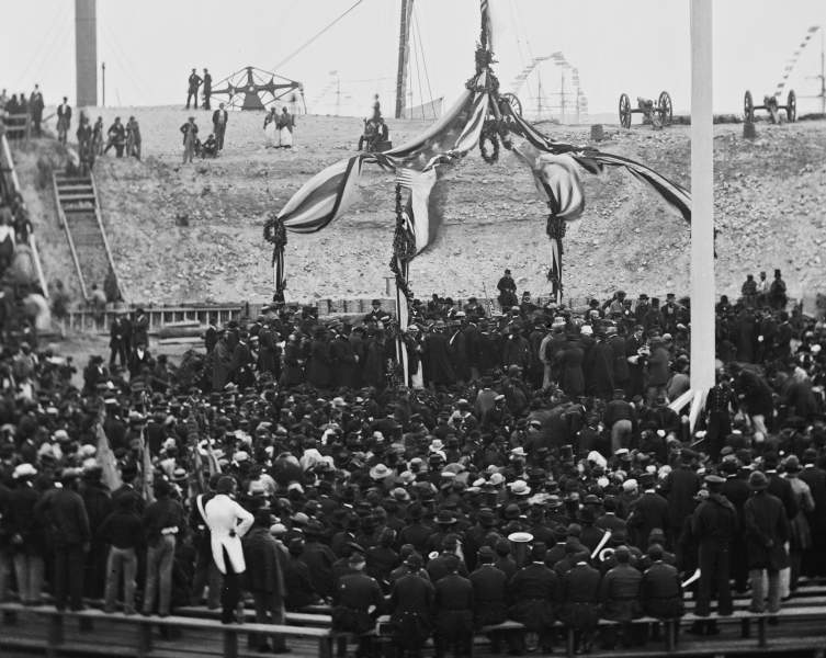 Preparing the national flag the Flag Raising Ceremony at Fort Sumter, South Carolina, April 14, 1865, zoomable image
