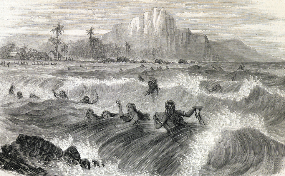 Surfing off Hawaii, Hawaiian Islands, 1866, artist's impression