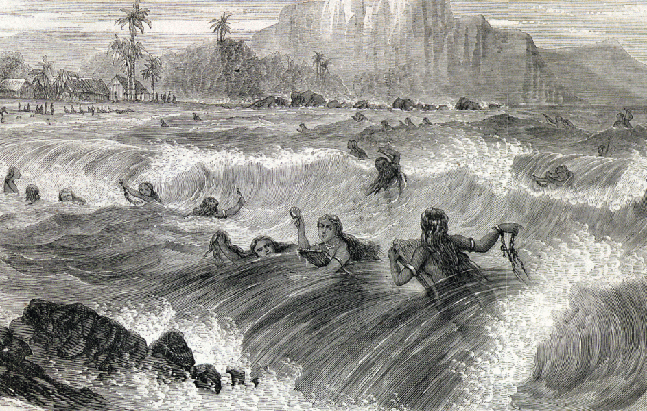 Surfing off Hawaii, Hawaiian Islands, 1866, artist's impression, detail