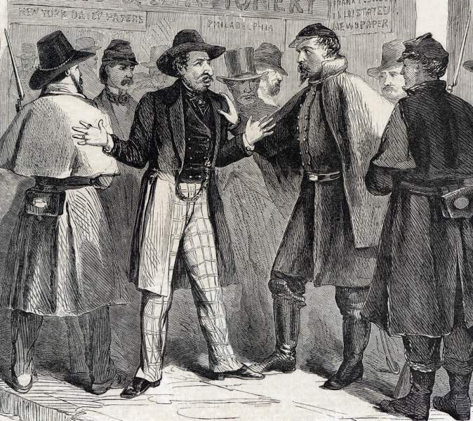 Arrest of unauthorized merchants, Vicksburg, Mississippi , December, 1863, artist's impression, detail