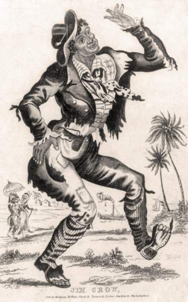 T.D. Rice, performing as "Jim Crow," artist's impression, circa 1840