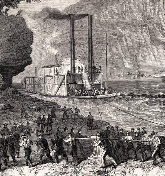 Union re-supply steamboat "Paint Rock" on the Tennessee River, January, 1864, artist's impression, detail