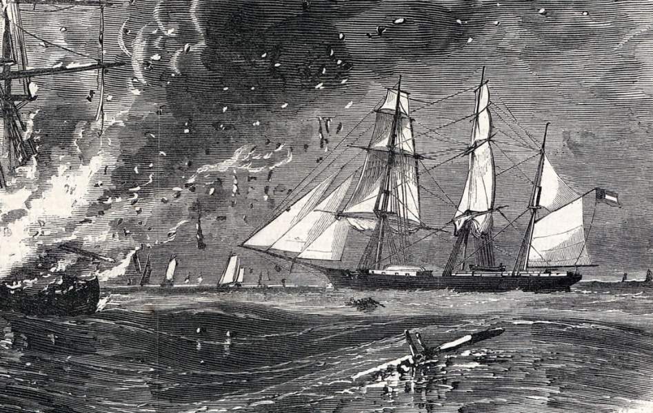 The Confederate naval raider Tacony attacking New England fishing fleet, artist's impression, detail