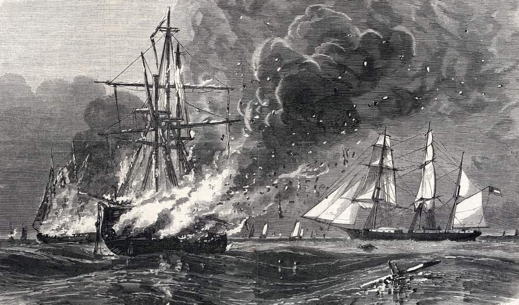 The Confederate naval raider Tacony attacking New England fishing fleet, artist's impression, zoomable image