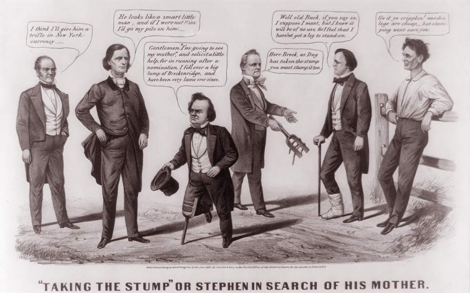 "Taking the Stump," cartoon, 1860, zoomable image