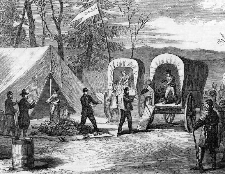 Thanksgiving gifts for soldiers of the Army of the Shenandoah, Virginia, November, 1864, artist's impression, detail