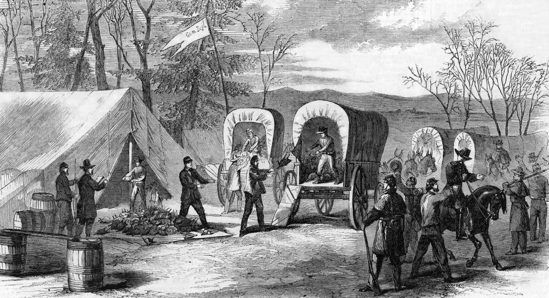 Thanksgiving gifts for soldiers of the Army of the Shenandoah, Virginia, November, 1864, artist's impression, zoomable image