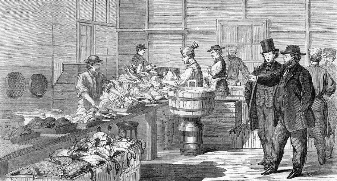 Preparing poultry for Soldier's Thanksgiving Dinner, New York, November 1864, artist's impression
