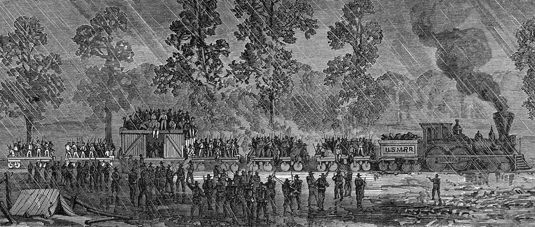 Reinforcements for the Union Fifth Corps arriving by military railroad, October 1864, artist's impression, detail