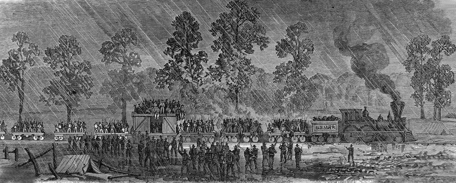 Reinforcements for the Union Fifth Corps arriving by military railroad, October 1864, artist's impression, zoomable image