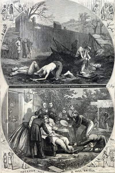 Thomas Nast, "The Contrast in Suffering," Harper's Weekly Magazine, June 30, 1866, artist's impression, zoomable image