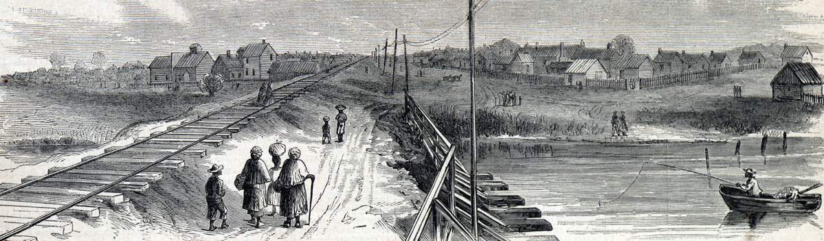 Trent River Settlement for former slaves, near New Bern, North Carolina, June 1866, artist's impression