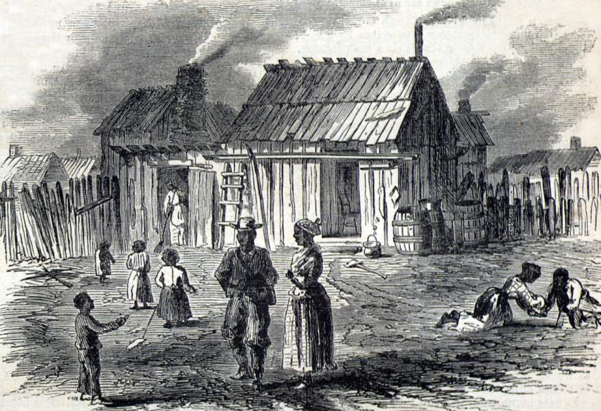 Family housing, Trent River Settlement for former slaves, near New Bern, North Carolina, June 1866, artist's impression