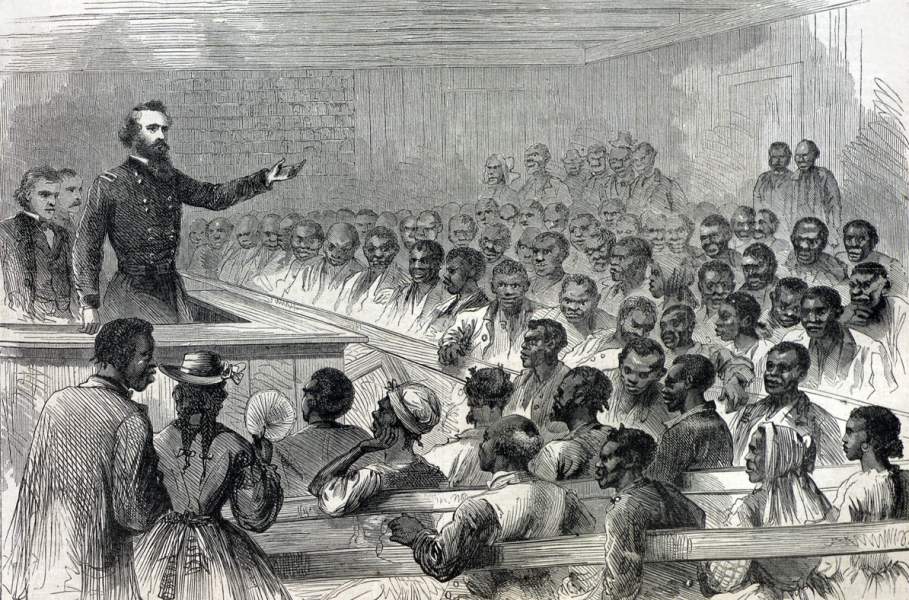 Visiting Union officers addressing former slaves, Trent River Settlement, North Carolina, May 1866, artist's impression