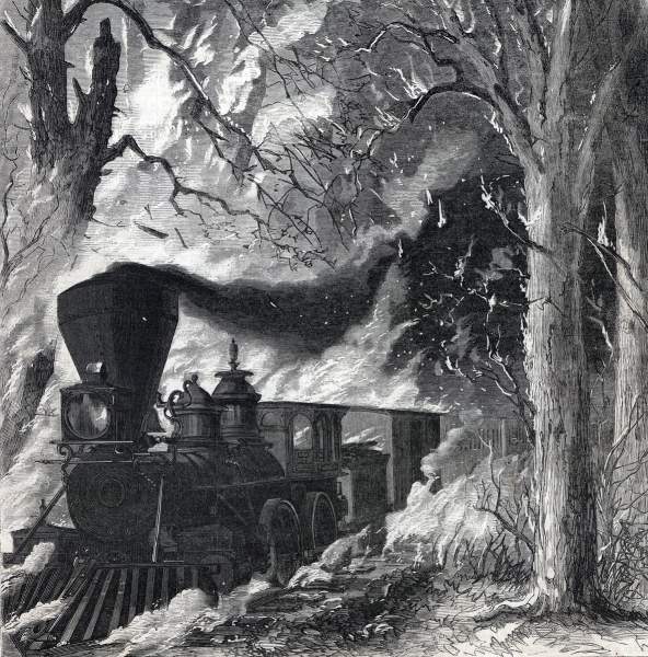 Railway train moving through a forest fire on the Eastern Railroad, Cedar Swamp, Maine, September 17, 1865, artist's impression