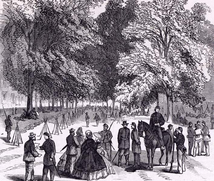 Troops encamped in Washington Square, New York City, August 19, 1863, artist's impression, zoomable image