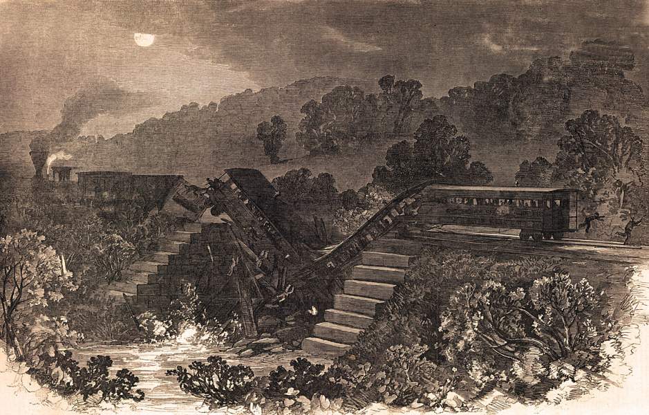 Troop train wreck, near Huron, Indiana, 1861, September 17, 1861, artist's impression