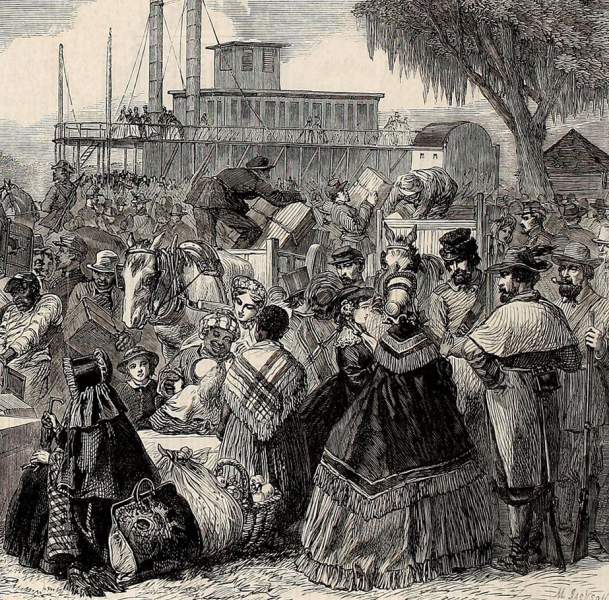 Exchange of Confederate families under a flag of truce, Louisiana, Spring 1863, British artist's impression, detail
