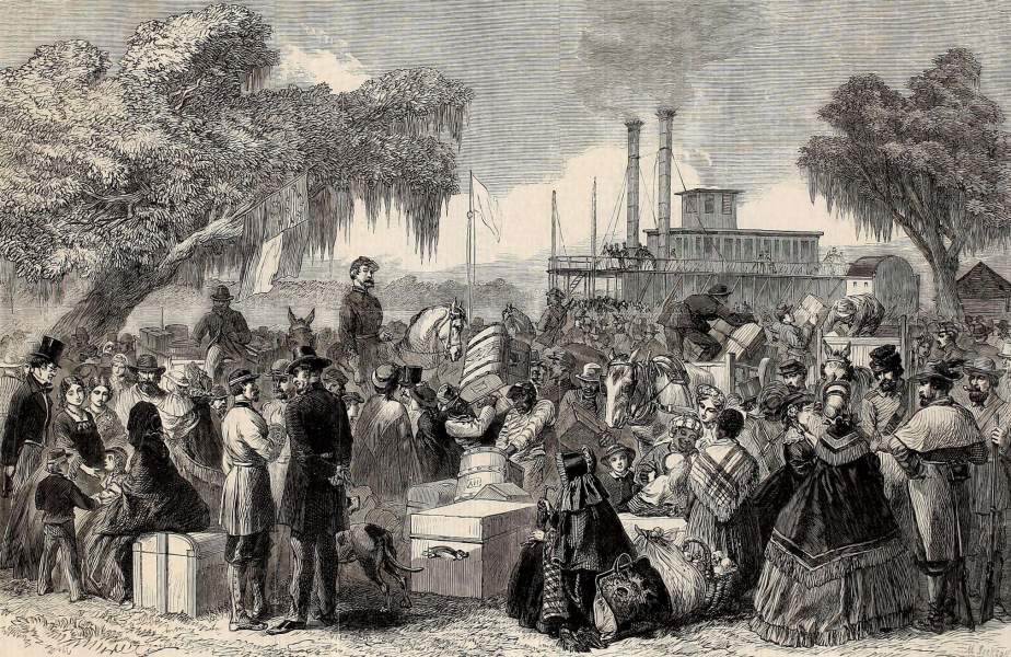 Exchange of Confederate families under a flag of truce, Louisiana, Spring 1863, British artist's impression, zoomable image