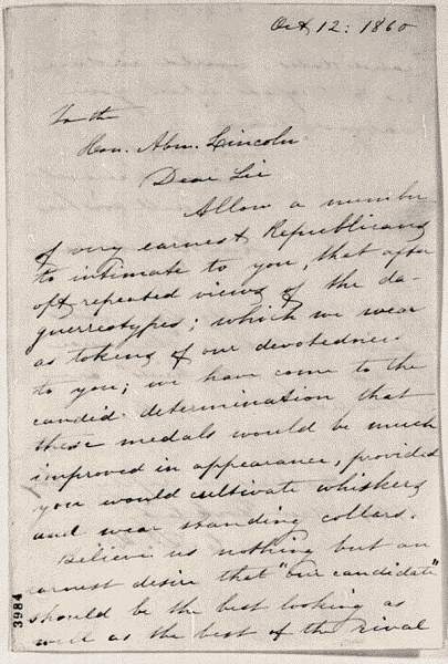 Anonymous. “True Republicans” to Abraham Lincoln, Friday, October 12, 1860 (page 1)