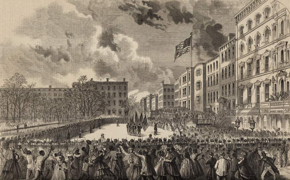 Presentation of colors to 20th U.S. Colored Infantry Regiment, New York City, March 5, 1864, zoomable image