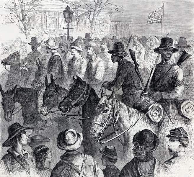 USCT cavalry returning to Vicksburg, Mississippi with prisoners, November 8, 1863, artist's impression, zoomable image