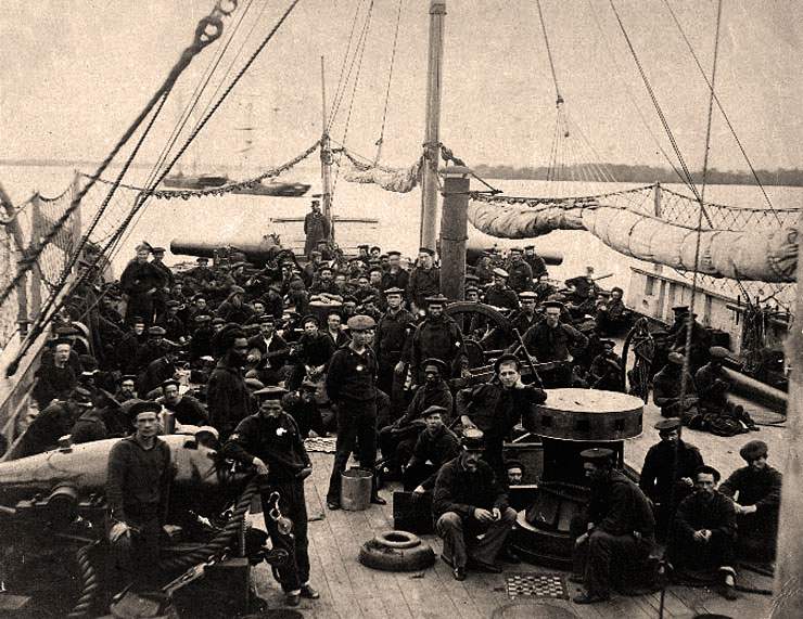 Crew members on the forecastle of the U.S.S. Miami, circa 1864