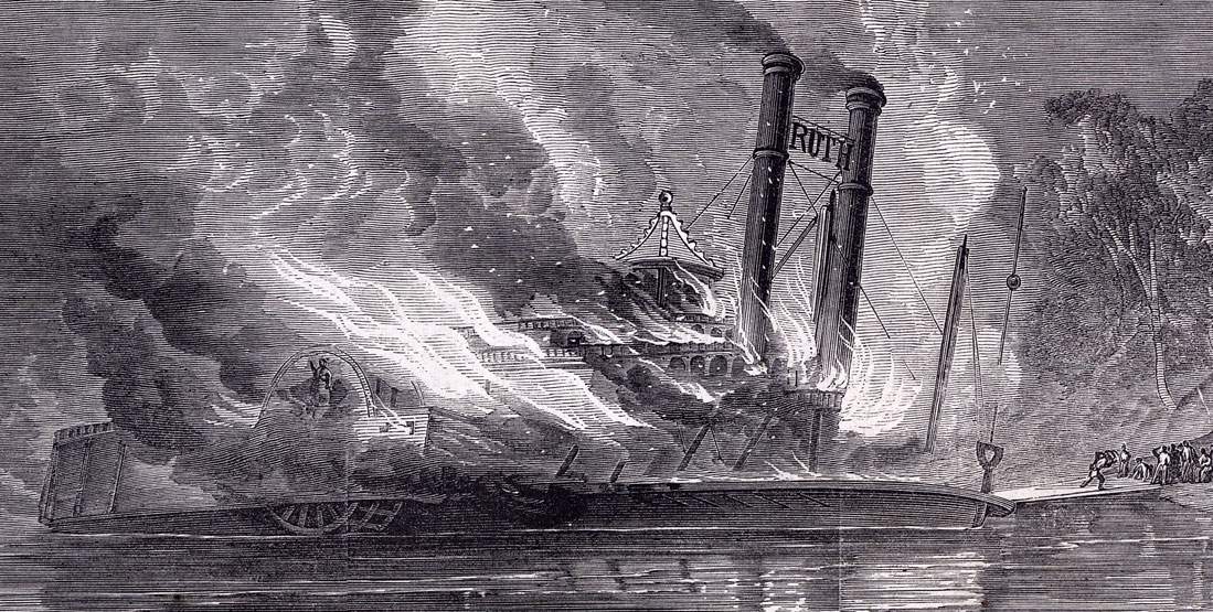 Destruction of the steamboat "Ruth" on the Mississippi, the night of August 3-4, 1863, artist's impression, detail