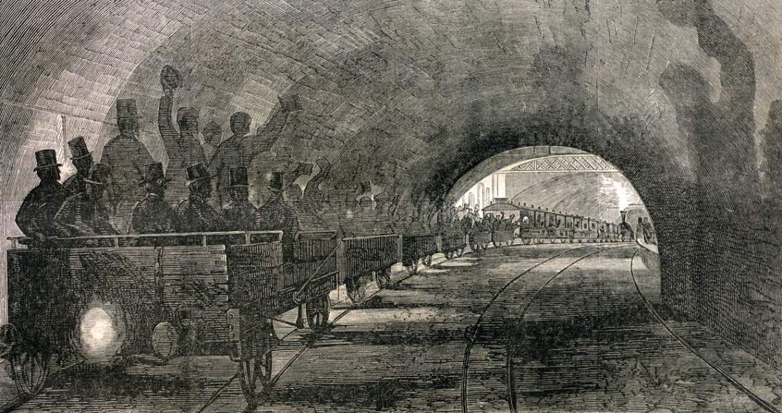 Passing Portland Street Station on the new London Underground, late 1865, artist's impression