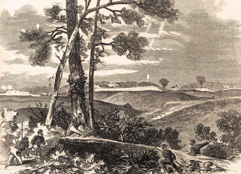 View of the Vicksburg defenses, including Fort Hill, June 1863, artist's impression, zoomable image