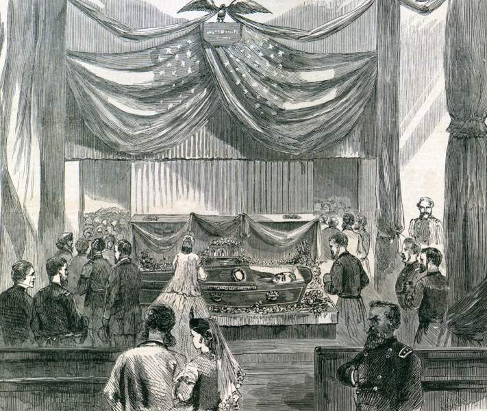 General Winfield Scott, laying in state in the Military Academy Chapel, West Point, New York, June 1866, artist's impression