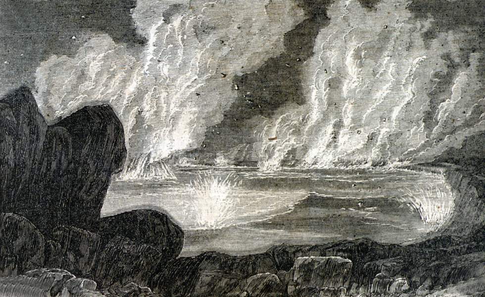 Volcanic activity at night on Mount Kilauea, Hawaii, Hawaiian Islands, 1866, artist's impression