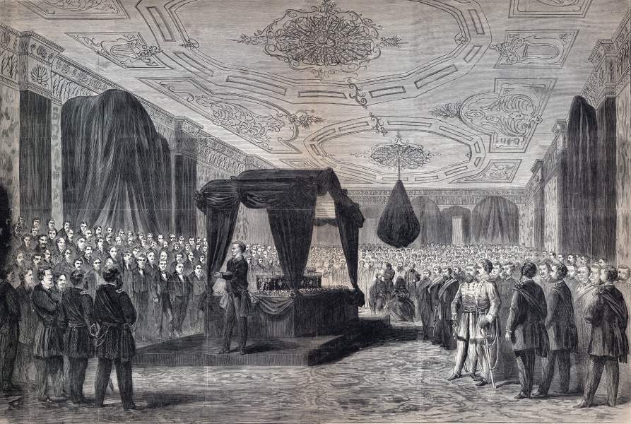 Funeral Services for President Lincoln, East Room of the White House, April 19, 1865, artist's impression, zoomable image