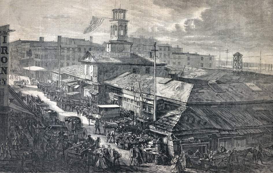 Washington Market, Washington Street, New York City, May 1866, artist's impression, zoomable image.