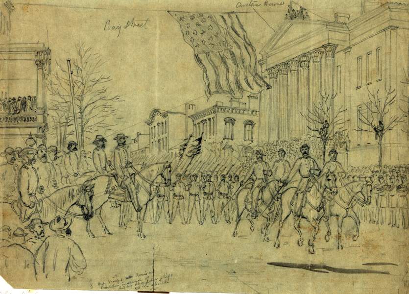 Union General Sherman reviewing his troops, Savannah, Georgia, January 1865, William Waud, zoomable image