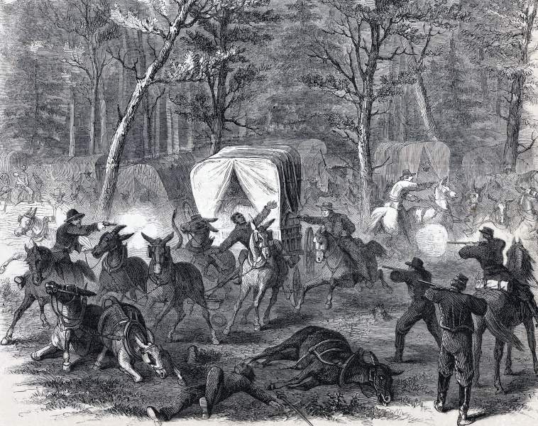 Confederate attack on Union wagons, Mansfield, Louisiana, April 8, 1864, artist's impression, zoomable image