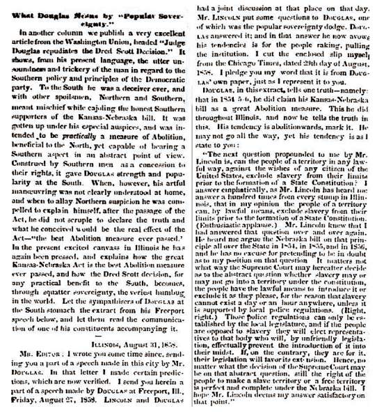 "What Douglas Means by 'Popular Sovereignty'," Charleston (SC) Mercury, September 8, 1858