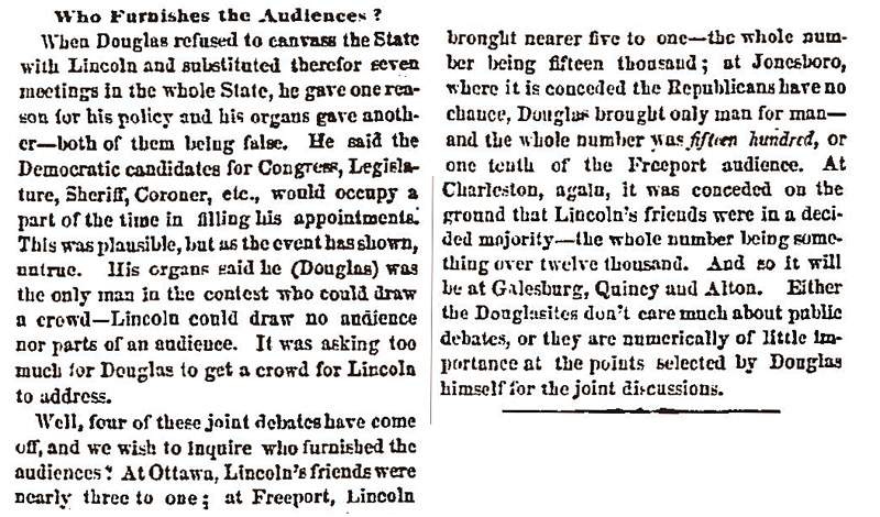 "Who Furnishes the Audiences?" Chicago (IL) Press and Tribune, September 23, 1858
