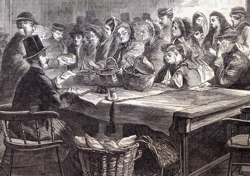 Dispensing Relief to disabled soldiers and their families, New York City, April 1866, artist's impression, detail