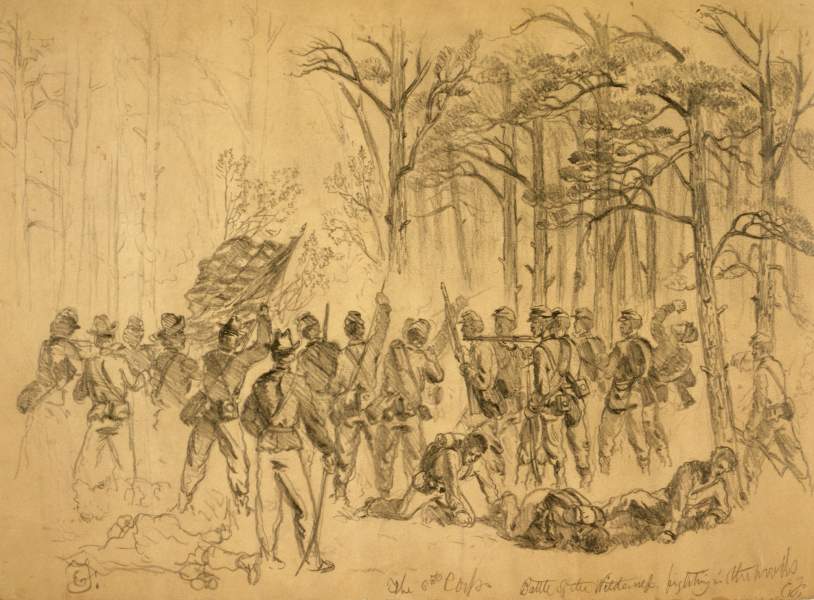 "Battle of the Wilderness - Fighting in the Woods," May 7, 1864, artist's impression, zoomable image