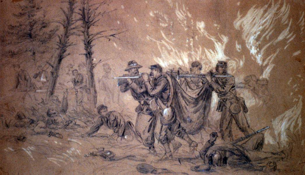 "Battle of the Wilderness - Wounded Escaping From the Burning Woods," May 1864, artist's impression, zoomable image