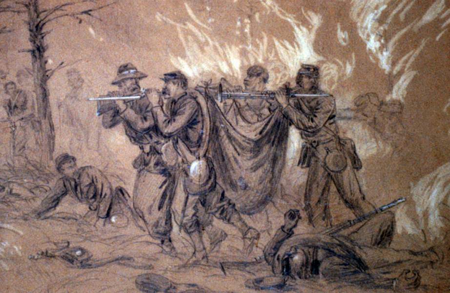 "Battle of the Wilderness - Wounded Escaping From the Burning Woods," May 1864, artist's impression, detail