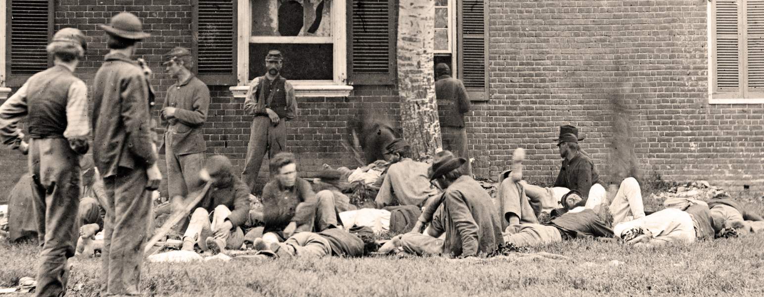 Union Wounded from Battle of Wilderness outside Field Hospital, near Fredericksburg, Virginia, May 1864, zoomable image