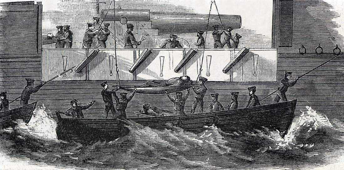 Receiving naval wounded, Mobile Bay, August 5, 1864, artist's impression