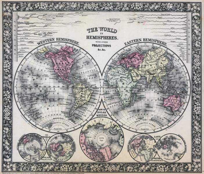 World, Hemisphere Projections, 1866, zoomable map