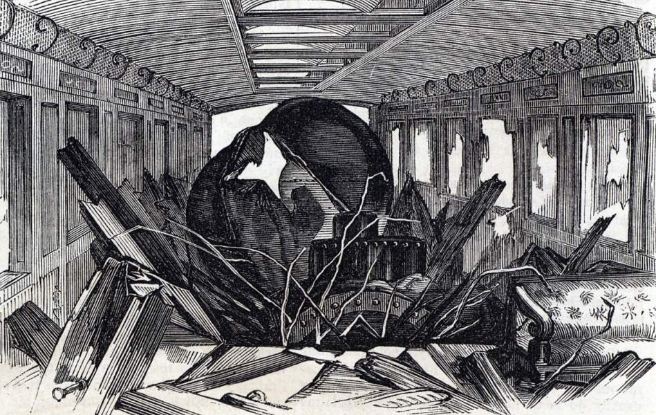 Interior of the wrecked passenger car in the railroad disaster near Trumbel, Connecticut, August 15, 1865, artist's impression