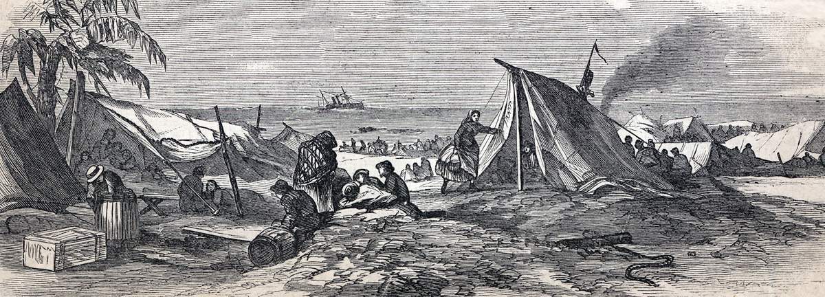 Passengers camping on shore after wreck of the S.S. Golden Rule, Caribbean Sea, May 30, 1865, artist's impression