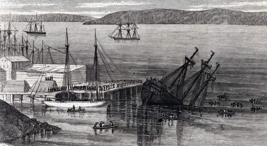 Wreck of the S.S. Aquila, San Francisco, California, 1863, artist's impression, detail.